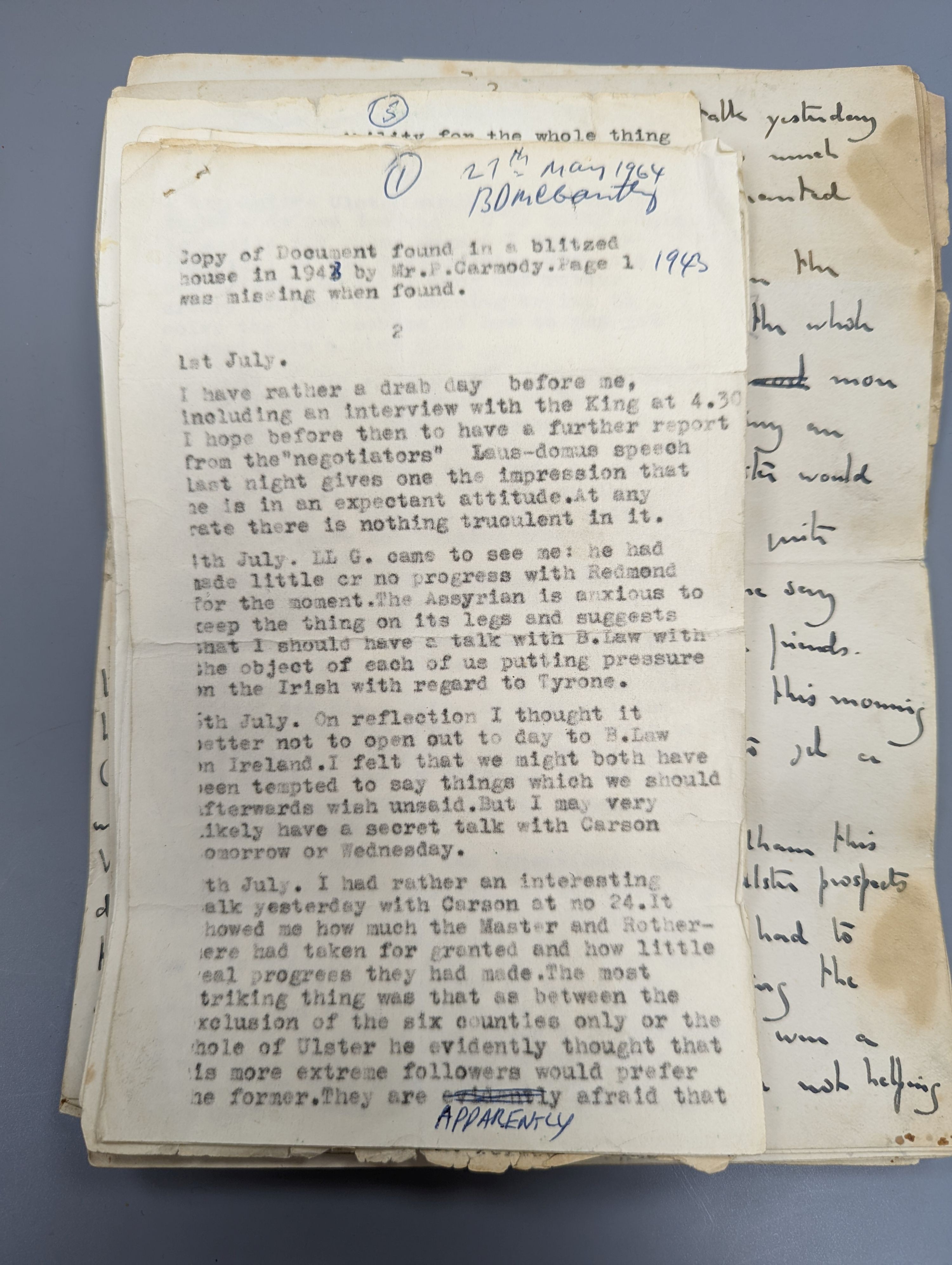 Prime Minister Henry Herbert Asquith - hand written account July Crisis 1914 Part of manuscript draft of Memories and Reflections, 1852-1927 by Herbert Henry Asquith